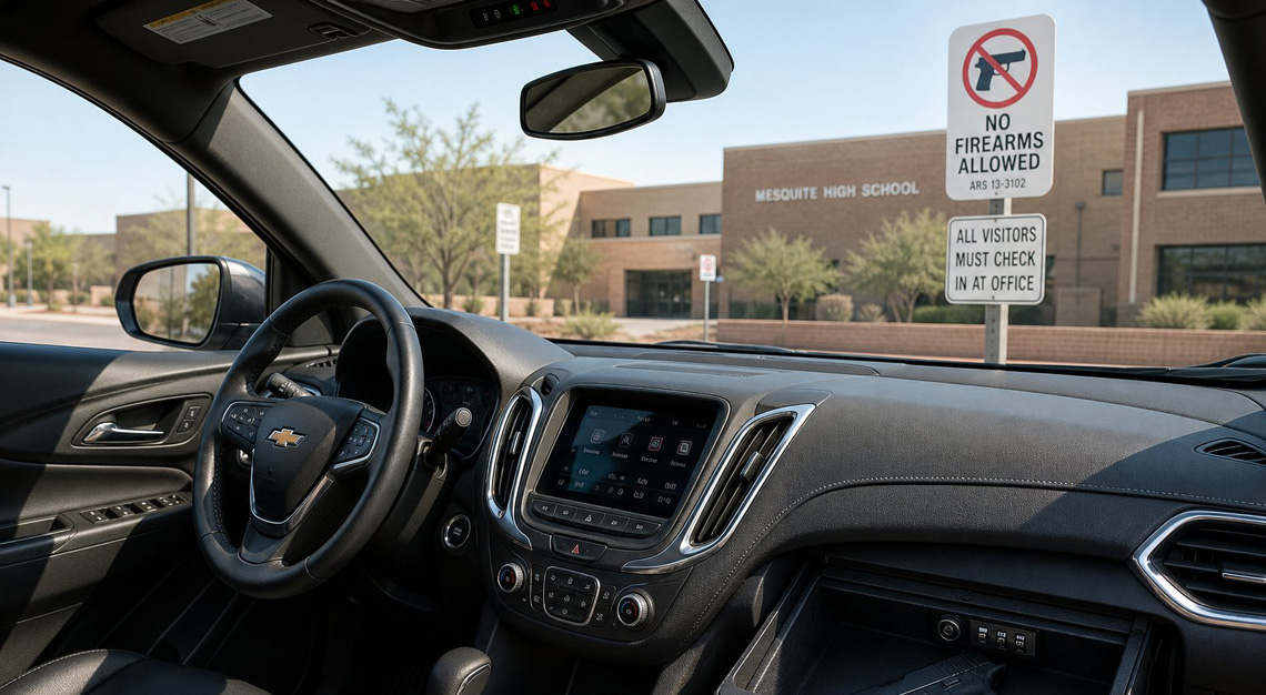 Interior of a car showing a handgun securely stored inside, parked near signs indicating restricted gun carrying areas.
