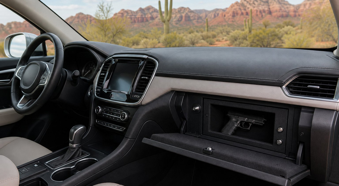 Interior of a car parked in a desert area with a handgun securely stored inside a locked compartment.