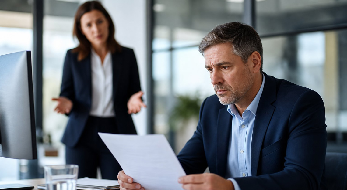 A man in business clothes looks concerned while sitting at a desk in an office, with a person standing behind him talking.