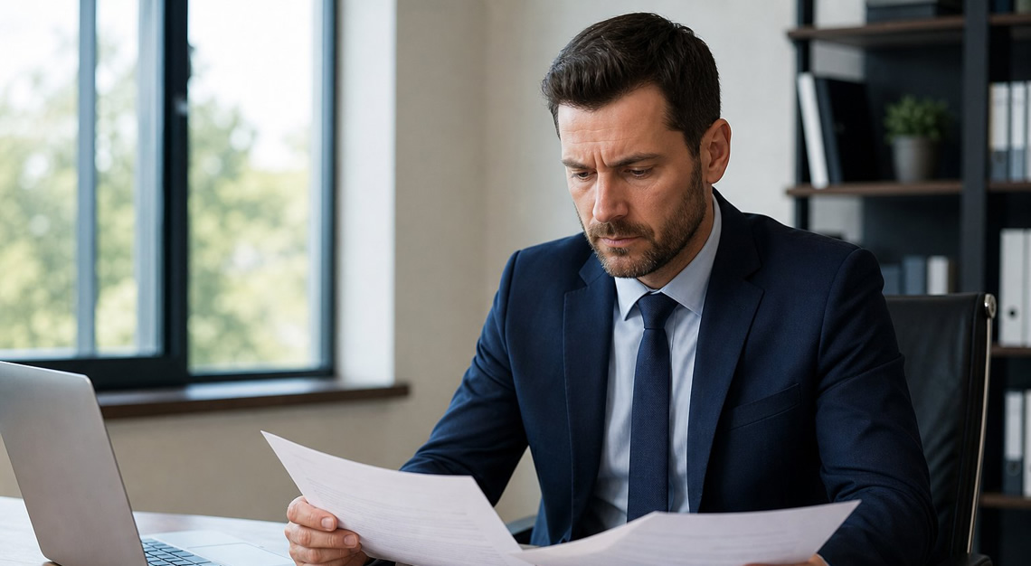 A man in an office reviewing documents with a concerned expression.