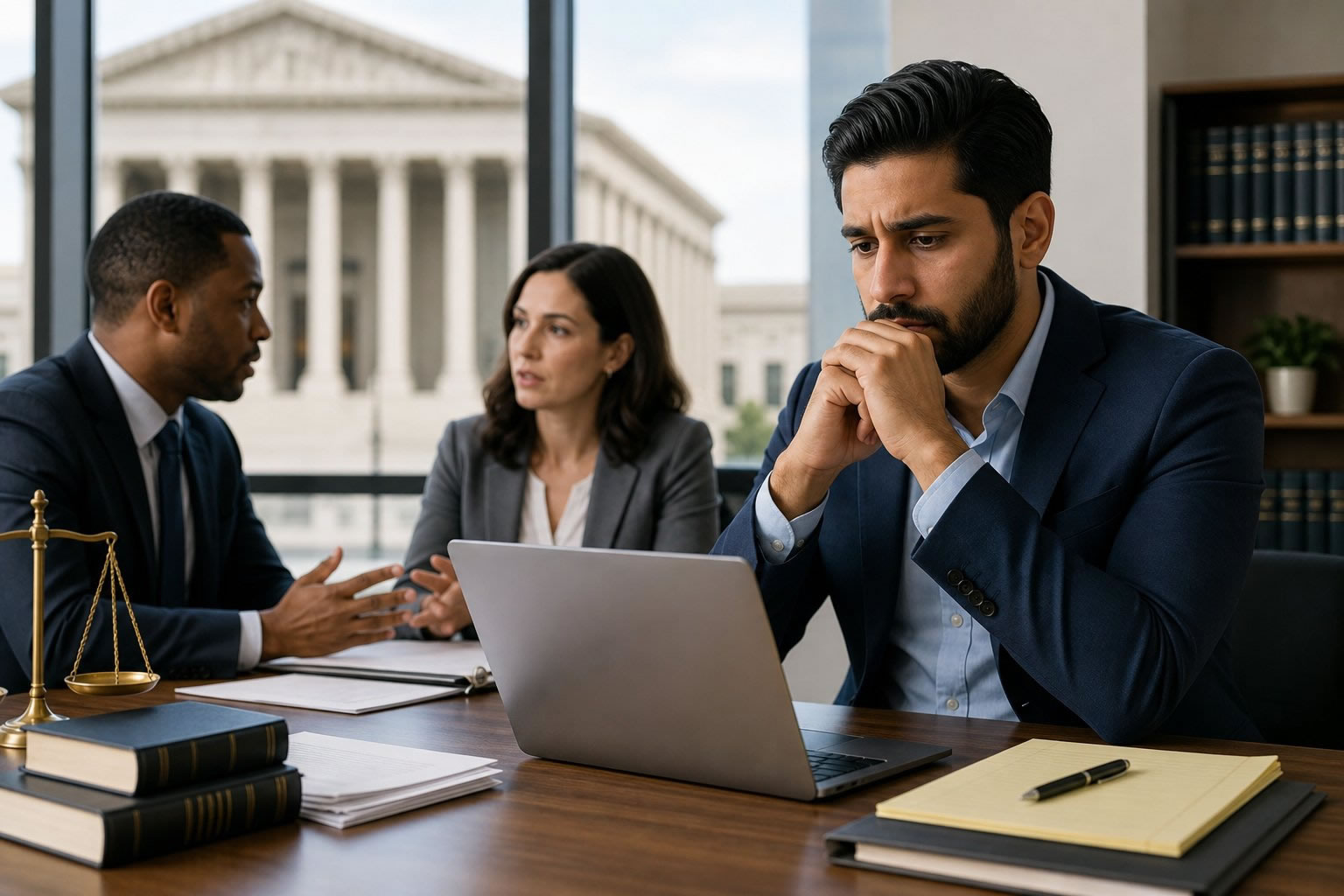 A diverse group of professionals in a modern office discussing career and legal matters, with a courthouse visible through a window in the background.