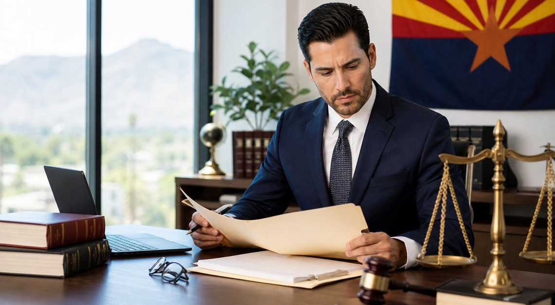A lawyer reviewing legal documents in an office with Arizona state flag and legal symbols in the background.