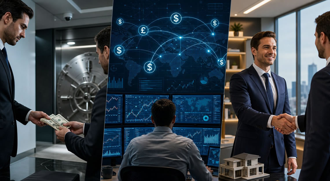 A modern office scene showing three people representing the stages of money laundering: handing over cash, analyzing financial data on computers, and a handshake symbolizing completed transactions.