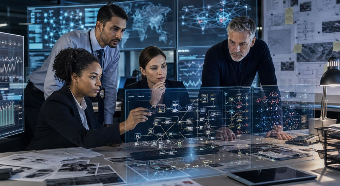 Law enforcement officers and financial investigators analyzing digital financial data and flowcharts in a modern office to trace money laundering activities.