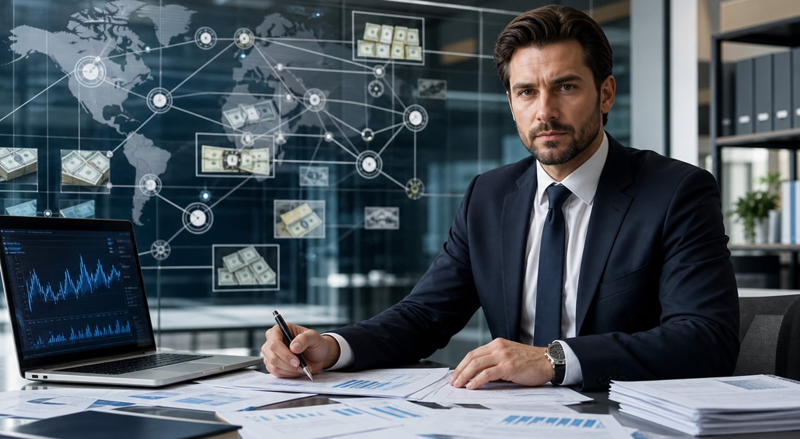 A lawyer working at a desk with financial documents and a laptop, analyzing data connected by lines representing money laundering investigations.