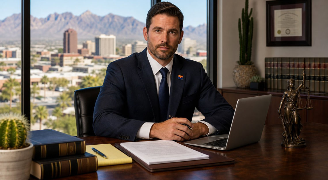 A confident attorney sitting at a desk in a modern office with a view of an Arizona city and desert mountains.
