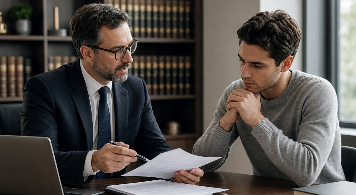 A lawyer consulting with a client in an office, discussing documents at a desk.