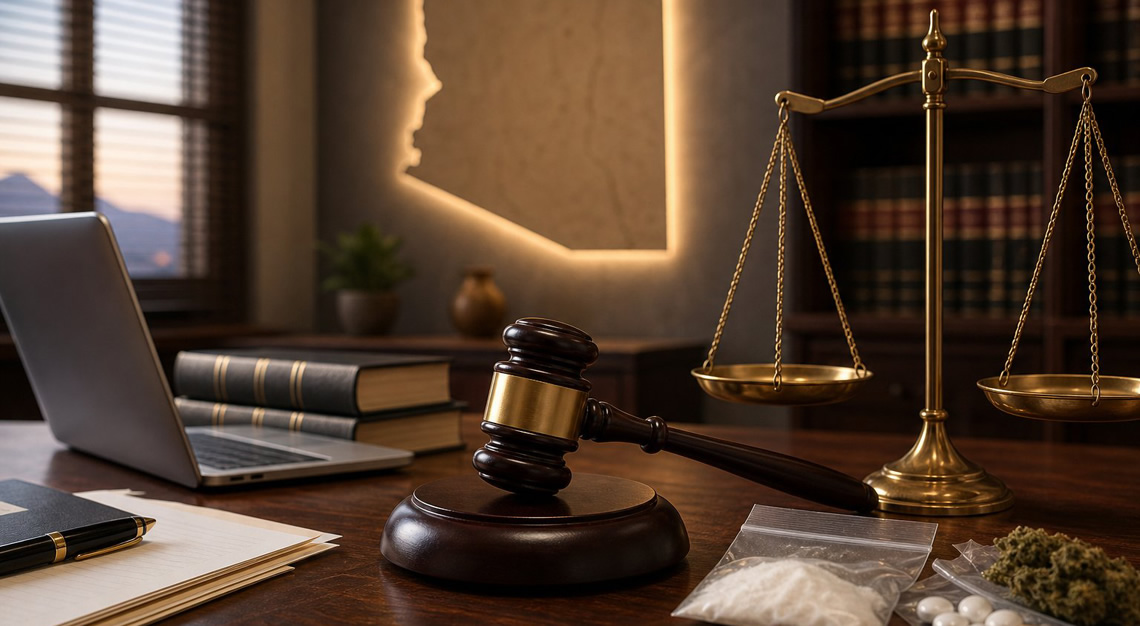 A gavel and scales of justice on a wooden desk with a faint outline of Arizona in the background, surrounded by law books and documents.
