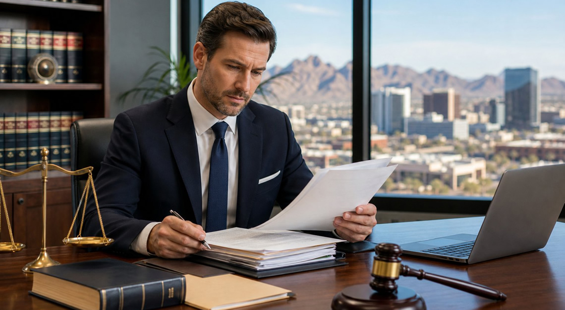 A confident lawyer seated at a desk in a bright office reviewing legal documents with a city view in the background.