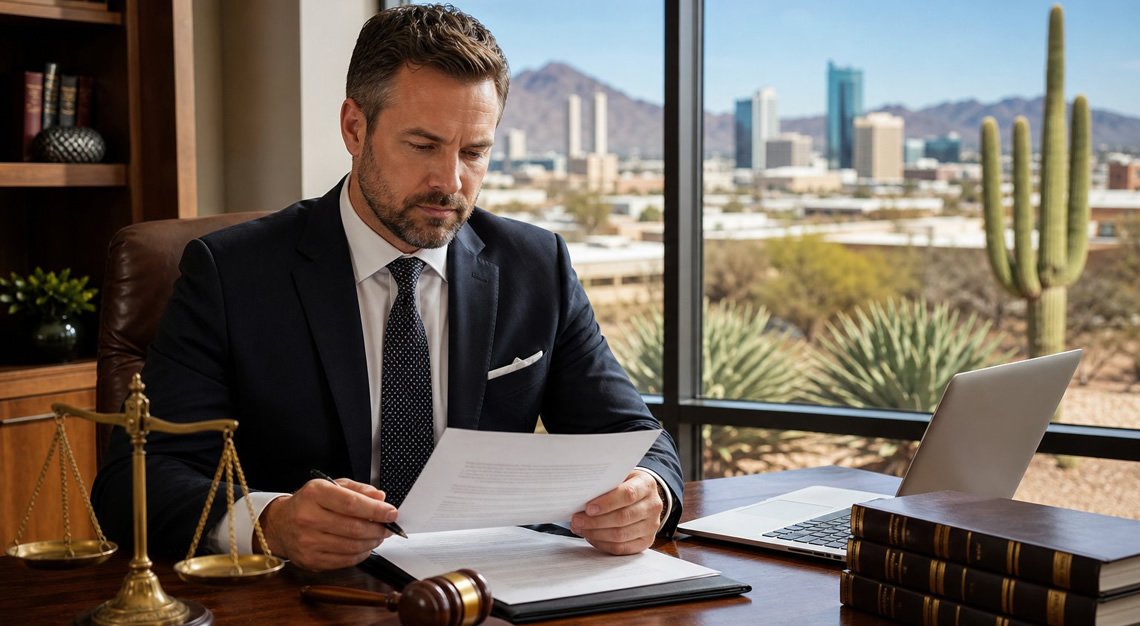 A criminal lawyer in a suit reviews legal documents at a desk in an office with a Phoenix cityscape visible through the window.