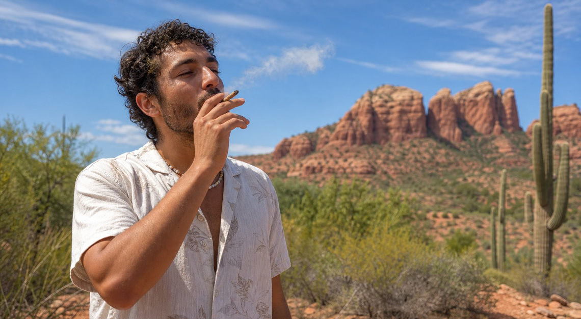 An adult person smoking marijuana outdoors in a public area in Arizona with desert plants and red rocks in the background.