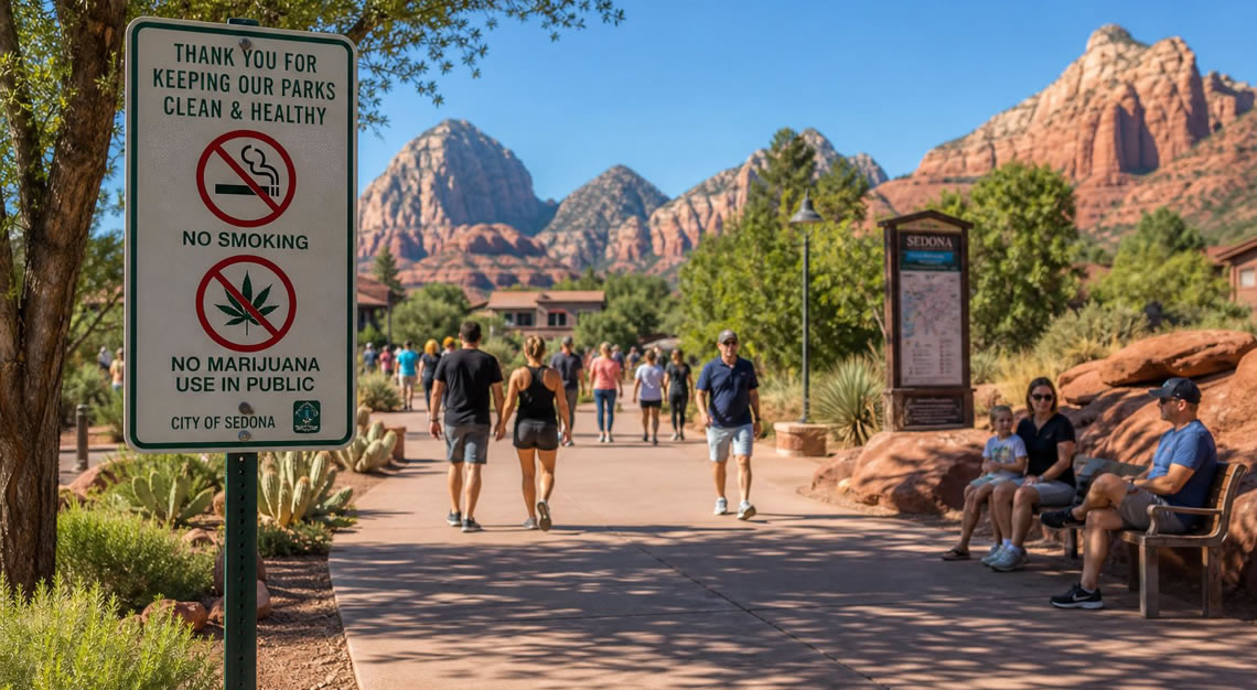 People enjoying a sunny outdoor public area in Arizona with signs indicating no smoking or marijuana use allowed.