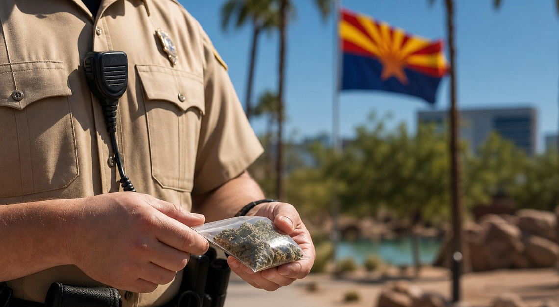 A law enforcement officer holding a small bag of marijuana with an Arizona state flag blurred in the background outdoors.
