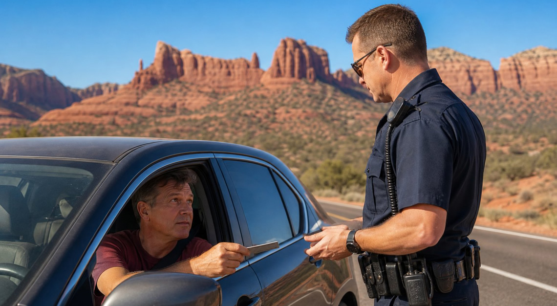 A police officer talking to a driver during a traffic stop on a desert highway in Arizona.