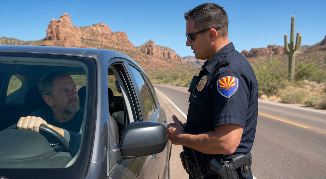 A police officer talks calmly with a driver during a traffic stop on a desert highway in Arizona.