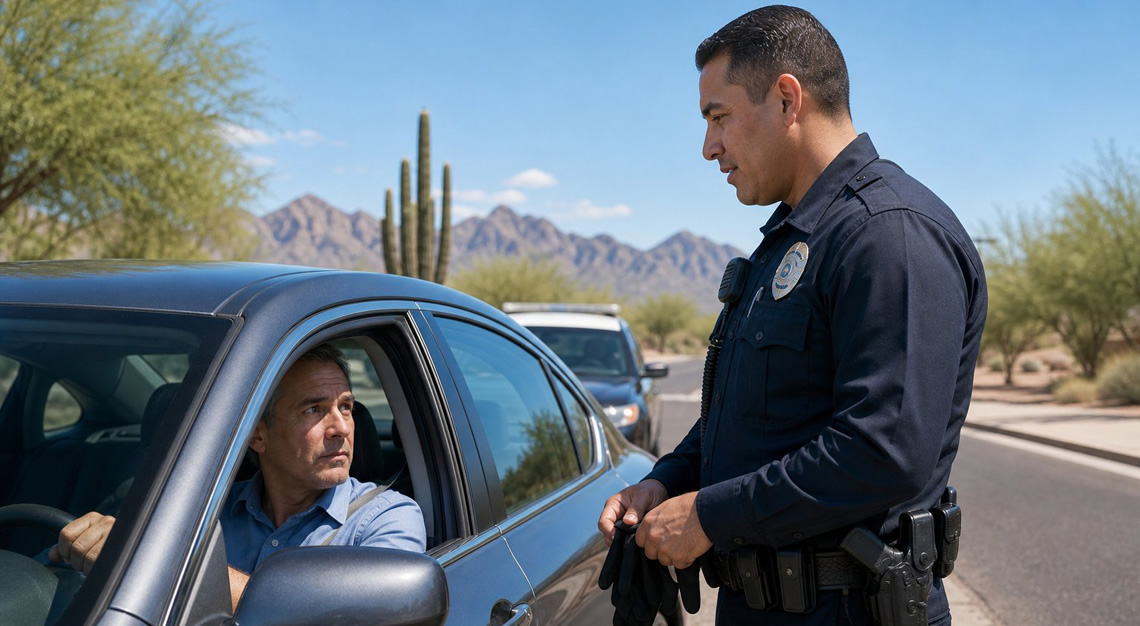 A police officer talks to a driver during a traffic stop on a sunny suburban road in Arizona.