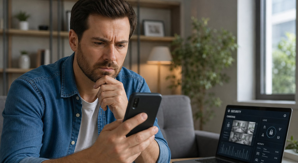 A person holding a smartphone and looking at it thoughtfully in a modern living room with a laptop nearby showing a security interface.