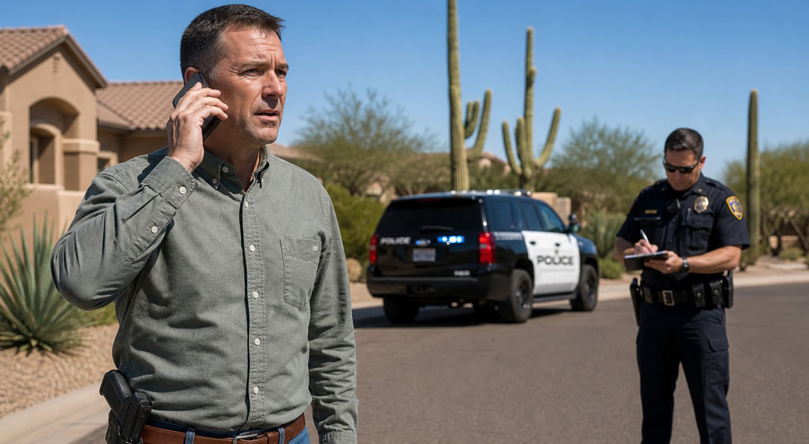 A man making a phone call outside in a suburban Arizona neighborhood while a police officer takes notes nearby.