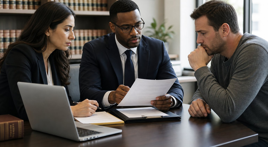 A man consulting with two lawyers in an office, looking concerned while they review documents together.