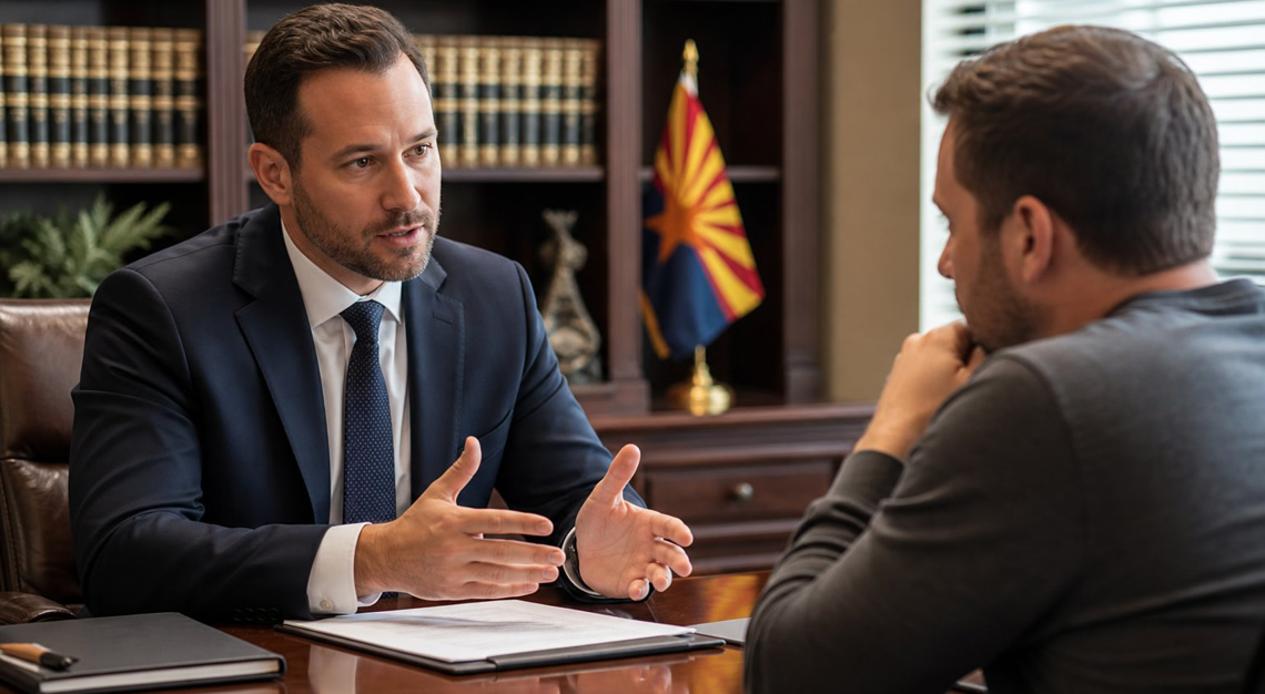 A lawyer and client discussing legal documents in a law office with a bookshelf and Arizona state flag in the background.