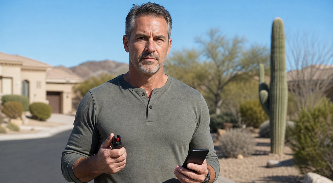 A middle-aged man holding pepper spray and a smartphone standing in a suburban Arizona neighborhood with desert plants in the background.