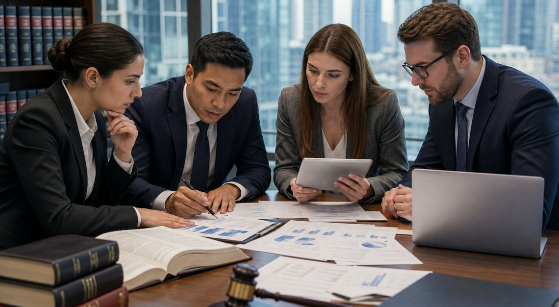 Business professionals in formal attire reviewing documents and digital charts in a modern office with legal books and a gavel on the table.