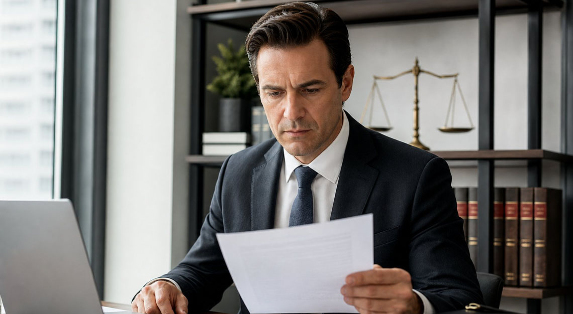 A businessperson in an office reviewing legal documents with a scale of justice visible in the background.