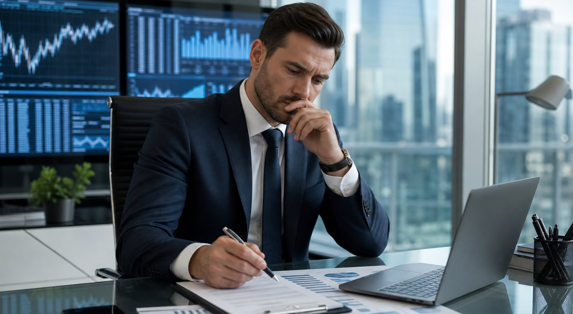 A businessman in a modern office reviewing documents at a glass desk with financial data on computer screens and a city skyline visible through the window.