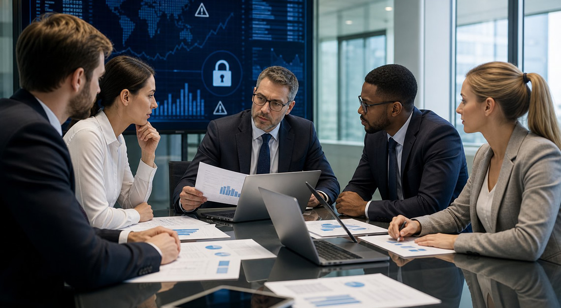 Business professionals in an office discussing financial documents with a digital screen showing data and security icons in the background.