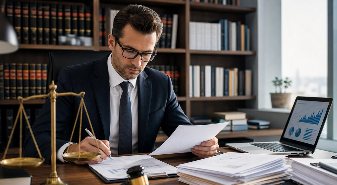 A business professional in a suit reviews legal documents and financial reports at a desk with law books, a gavel, and scales of justice in an office.