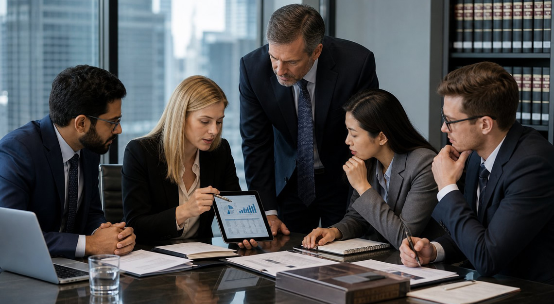 Business professionals in formal attire discussing financial documents around a conference table in a modern office.