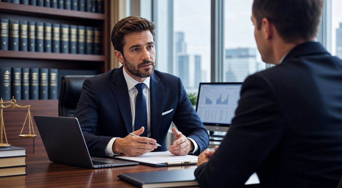 An attorney in a suit talking with a client across a desk in a modern law office.